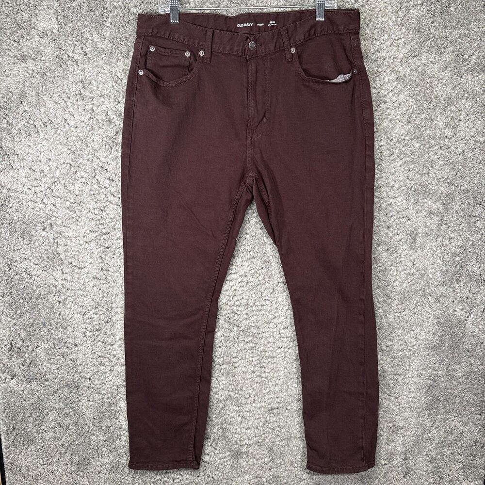 Old Navy Men’s Maroon Denim Jeans Pants Slim 36 X 30 Built In Flex
